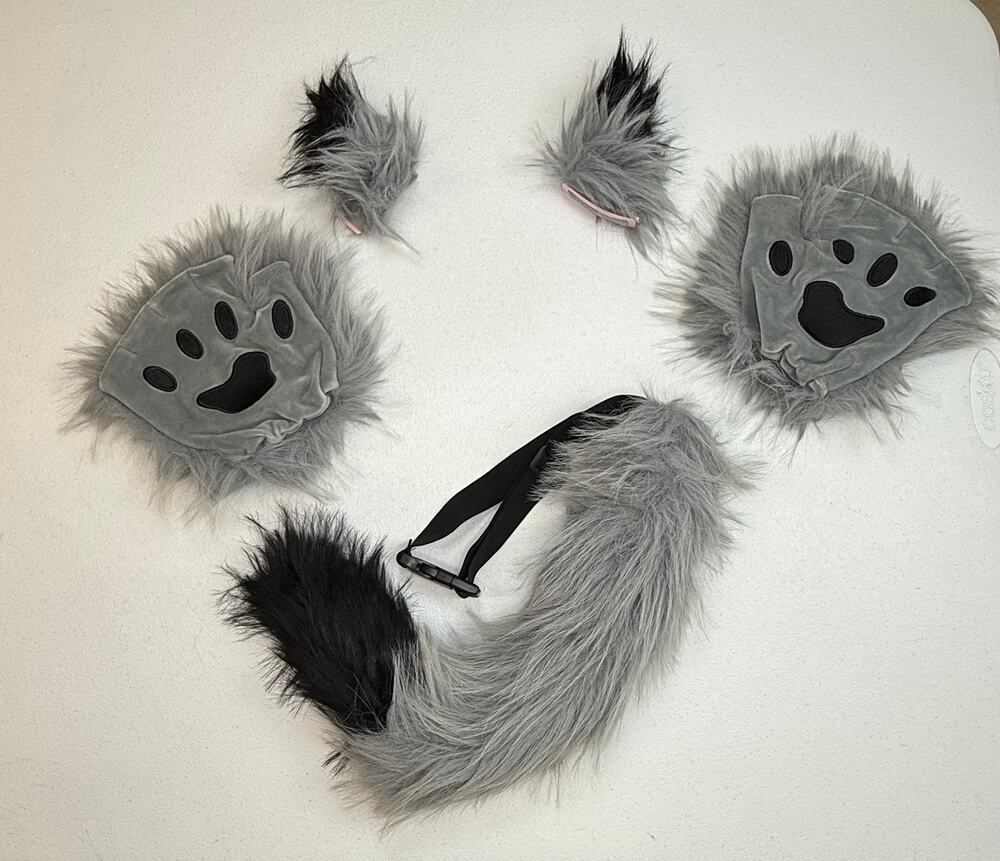 Gray Cat Costume Set – Paws, Tail & Ears – Complete Bundle
